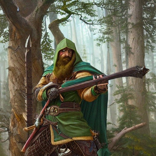 Half-elf, bearded, ranger portrait, green-eyed, hood, forest, male ...