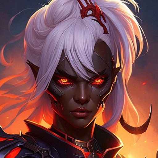 Dark-skinned drow-elf, wearing chainmail armour, long white hair, red ...