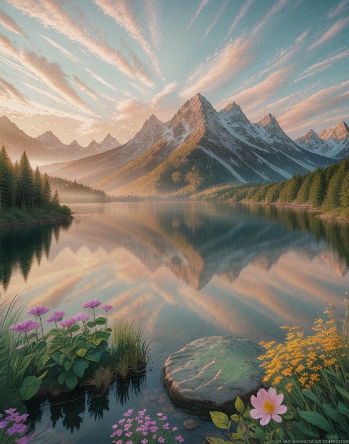 AI Art Generator: Beautiful lake from far view with high mountains