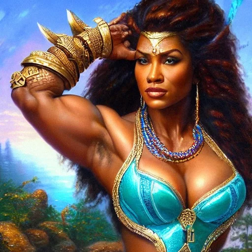 AI Art Generator: Highly detailed Illaoi muscular burly woman sweaty wide  shoulders huge arms close up zoom portrait 4k