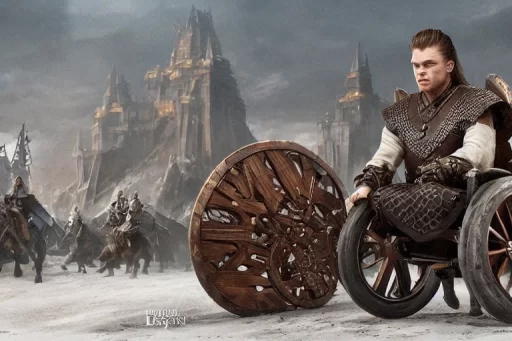 AI Art Generator: Ivar the boneless in a wooden wheelchair shaped like the  iron throne from game of thrones. high definition portrait.