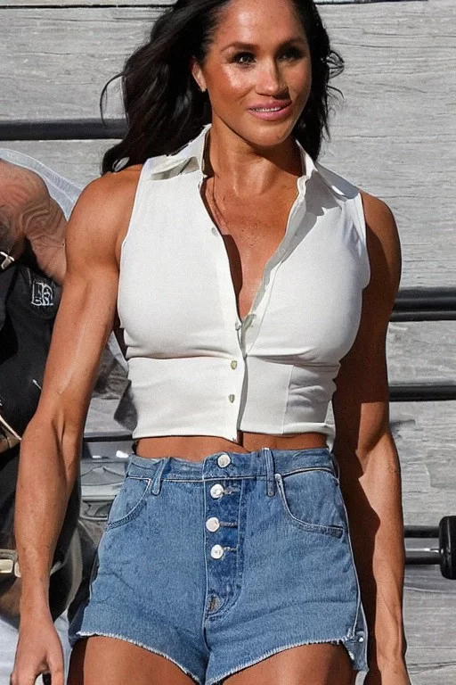 AI Art Generator: A beautiful hyper-realistic hdr photo of Meghan markle a  Giantess Extremely big buff muscular shredded Bodybuilding Meghan Markle In  revealing sports outfit crop top with really skimpy shorts two
