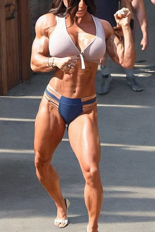 AI Art Generator: A beautiful hyper-realistic hdr photo of Meghan markle a  Giantess Extremely big buff muscular shredded Bodybuilding Meghan Markle In  revealing sports outfit crop top with really skimpy shorts two