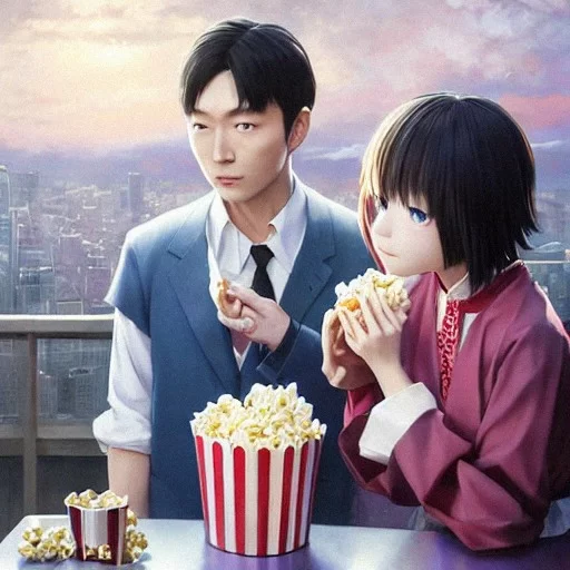  Generador de imágenes AI Kureo Mado y Amon Kotaro de Tokyo Ghoul comiendo palomitas de maíz