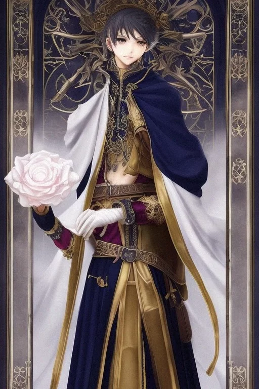 AI Art Generator: A very highly detailed, (young anime boy in a jester dress  who holds white rose, mystical symbols, anime style, tarot style:), by  sui ishida, fantasy concept art, fantasy art,