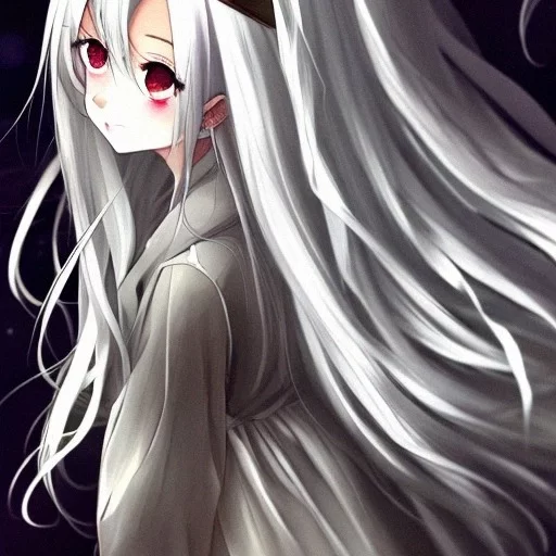 sad anime girl with white hair and red eyes