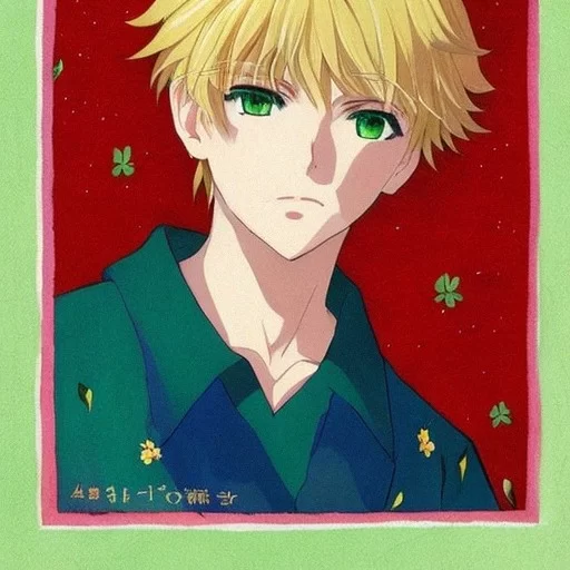 anime boy with yellow hair and green eyes