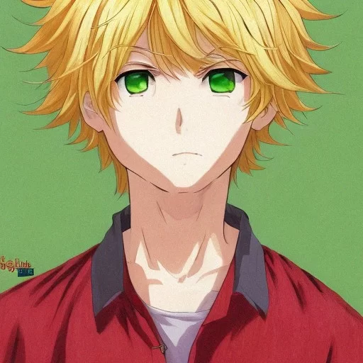 anime boy with yellow hair and green eyes