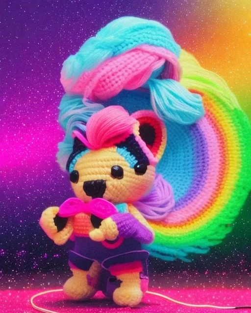 Ai Art Generator crocheted plush yarn toy cute animal bright rainbow