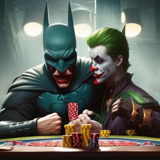AI Art Generator: Batman arm wrestling the Joker on a table with a poker  light overhead in a high detailed photo