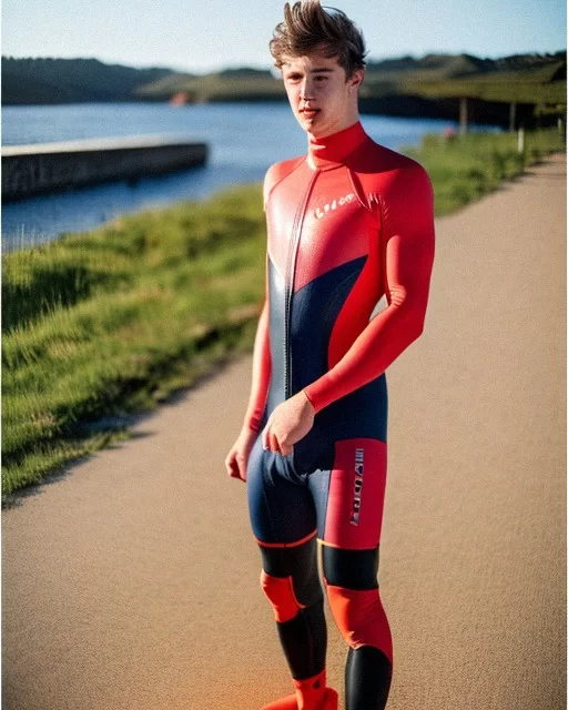 AI Art Generator: Young boy in wet triathlon suit, big bulge, huge