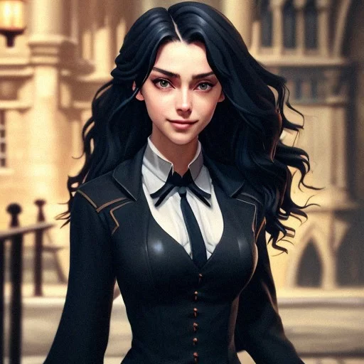 Ai Art Generator: Female hogwarts student, curly black hair, all black ...