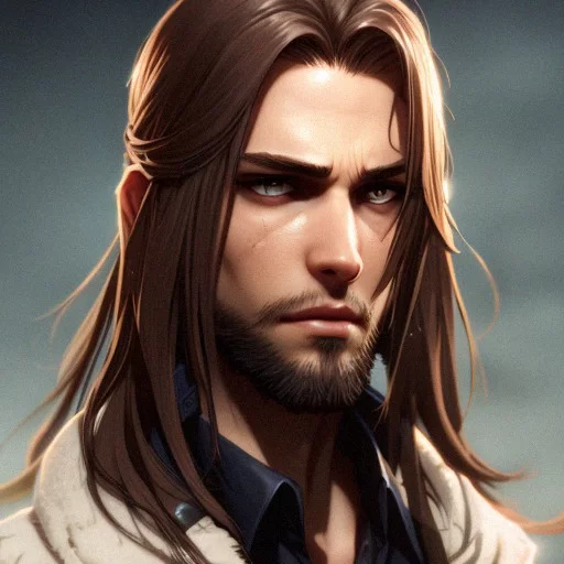 Ai Art Generator: male Valorant character, long brown hair, brown eyes ...