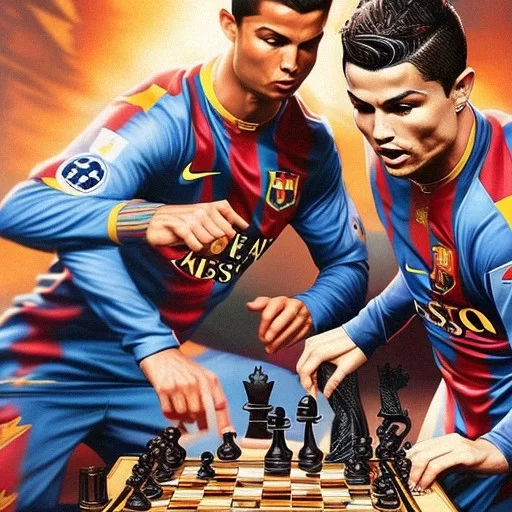 Messi Ronaldo playing chess middle on - AI Photo Generator - starryai