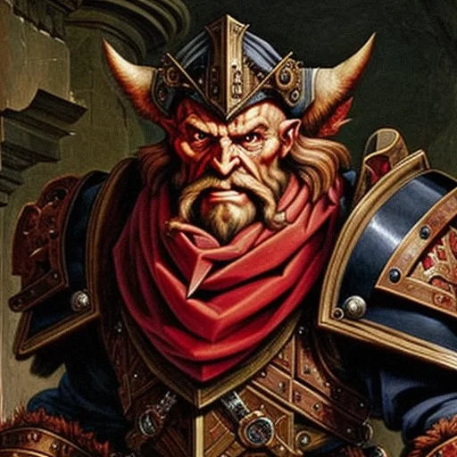 Ai Art Generator: Hobgoblin with red skin and black beard, wearing armor.