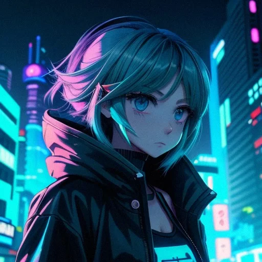 Cyberpunk anime girl, blue green neon - AI Photo Generator - starryai