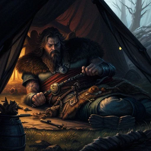 AI Art Generator: A sleeping warrior man in a tent, a man on bear and deer  skins, a full figure sleeping on the floor