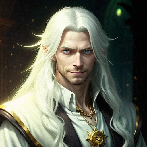 Ai Art Generator: long White hair, golden eye, male, dressed in white ...