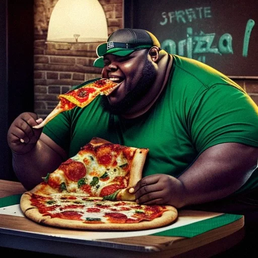 fat boy eating pizza
