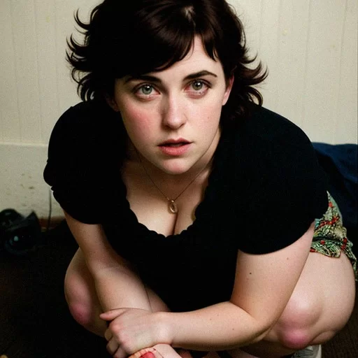 AI Art Generator: Melanie Lynskey, very voluptuous push_up_undergarments  crouching 55_years_old, overflowing shirt. showing_entire_body.  leaning_forward. bedroom_eyes, arms_up hands_behind_head smiling_sweetly,  office