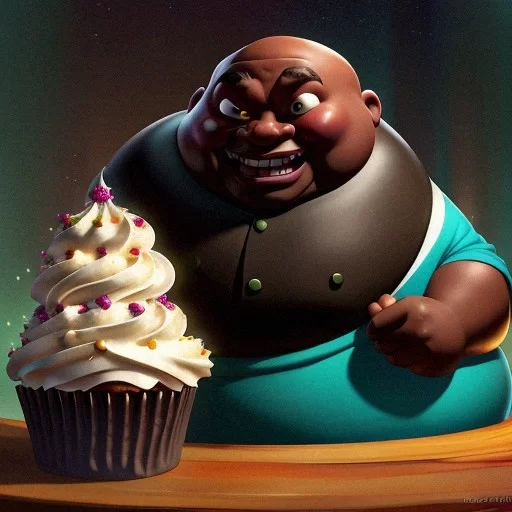AI Art Generator: Make a Poster for a disney pixar movie named Cupcakes  with a very obese black man (edp445) surrounded by little kids