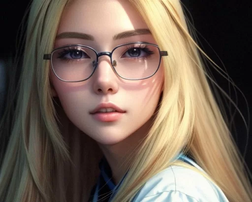 AI Art Generator: A buxom beautiful women, close up, blond hair, very long  hair, long legs , , from the china, glasses, full body