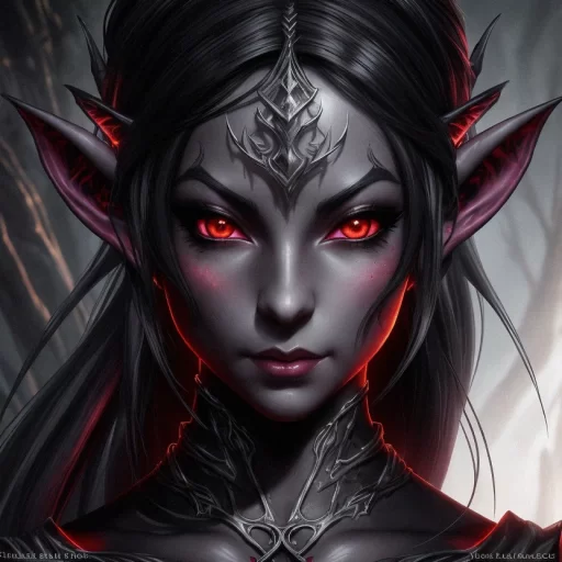 AI Art Generator: Female shadow Elf with black hair and red eyes
